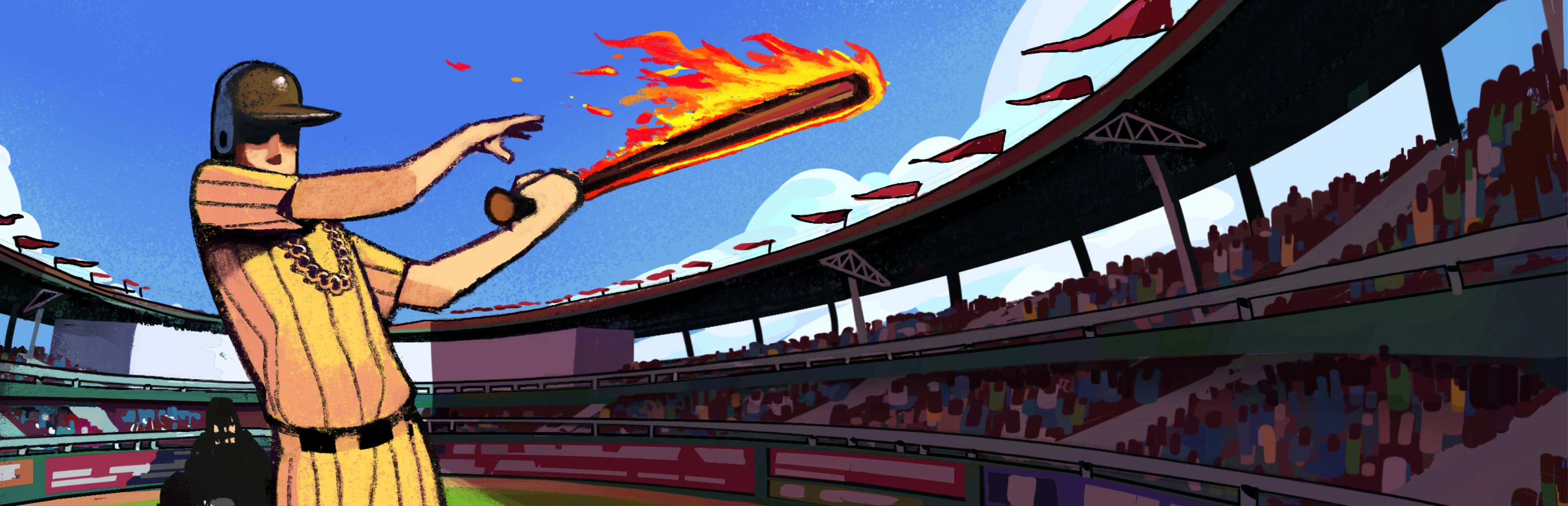 A Squirrels batter swings a flaming bat in a packed stadium.